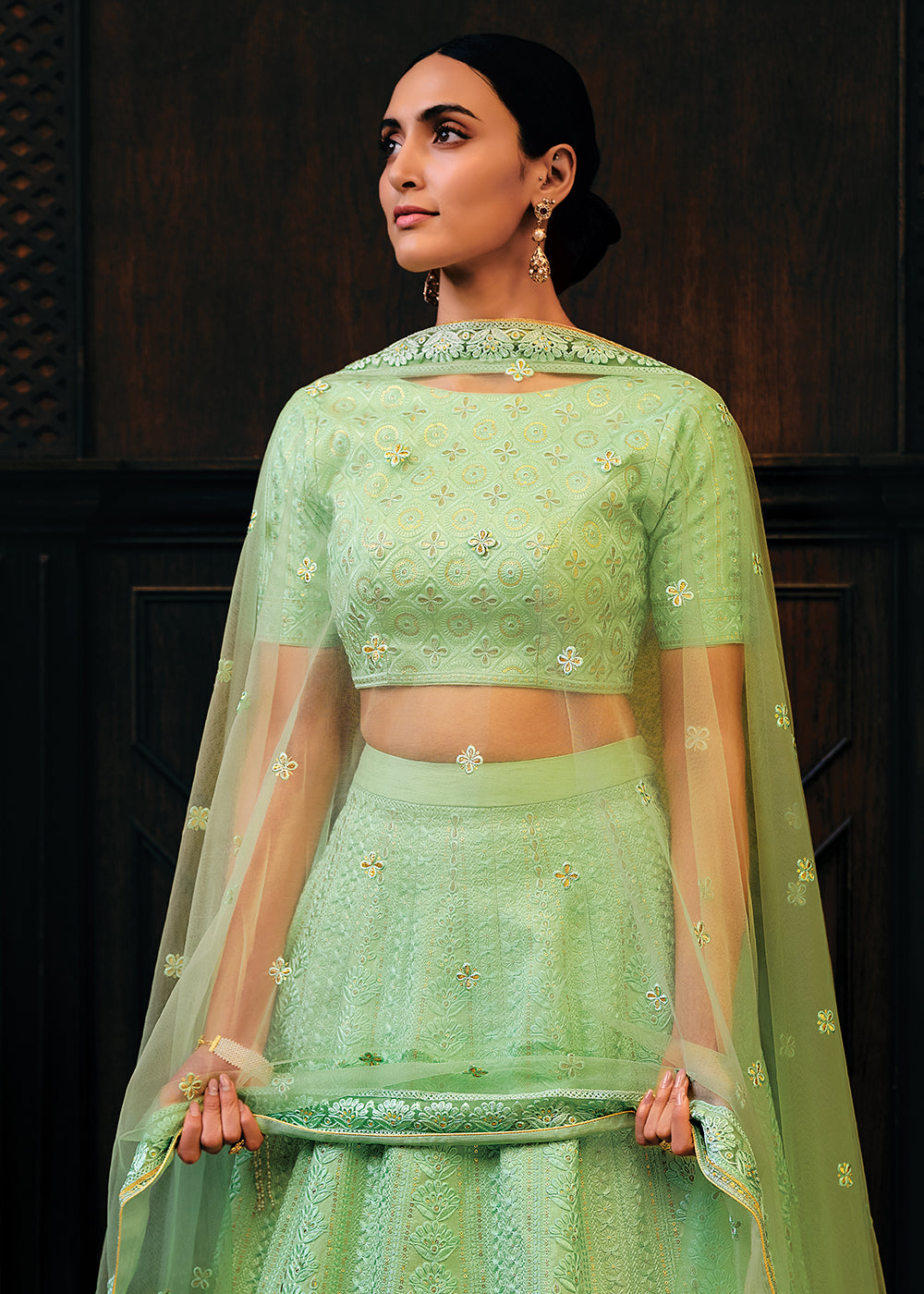 Screamin Green Raw Silk Lehenga Choli with Embroidery Work