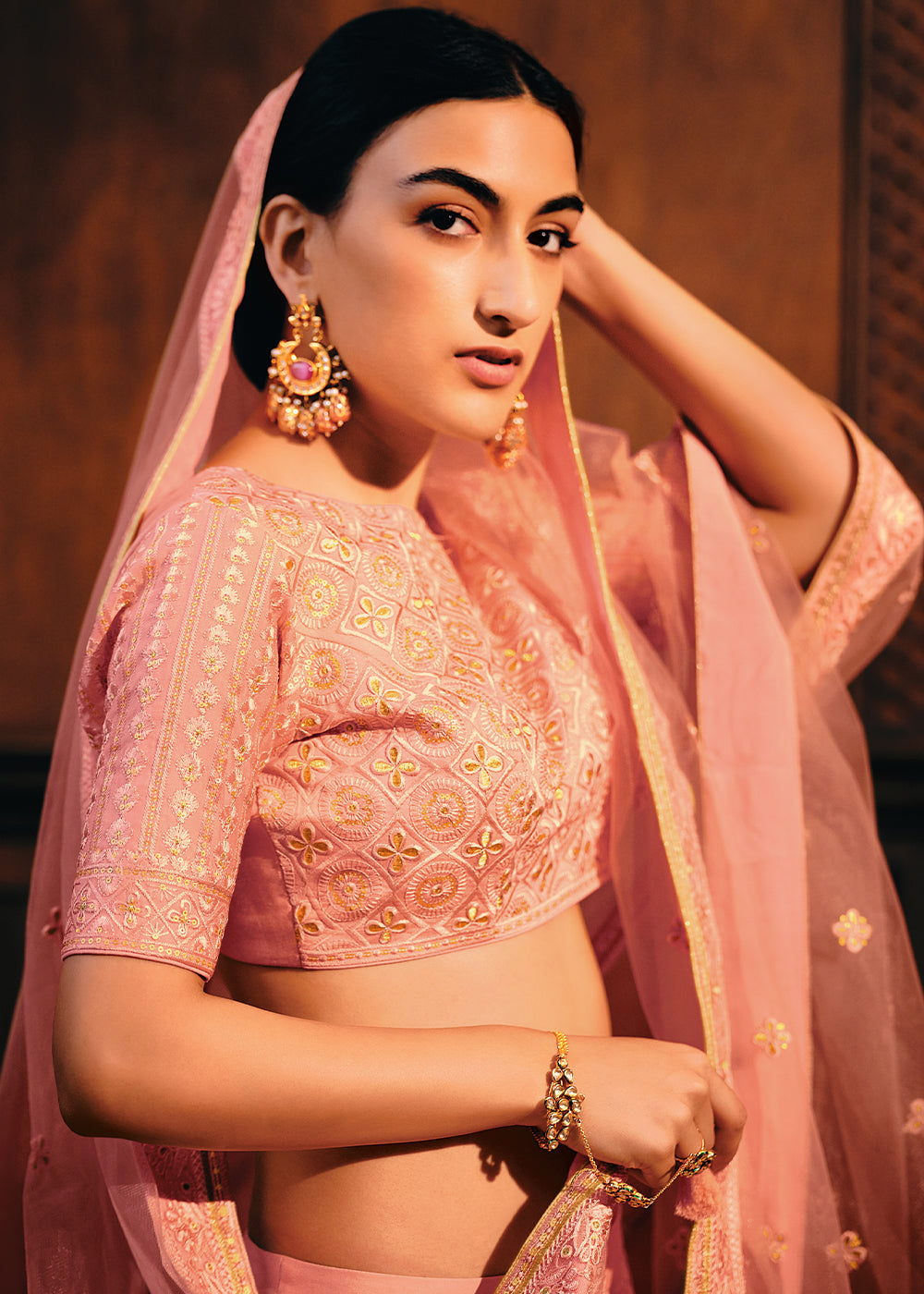 Salmon Pink Raw Silk Lehenga Choli with Embroidery Work