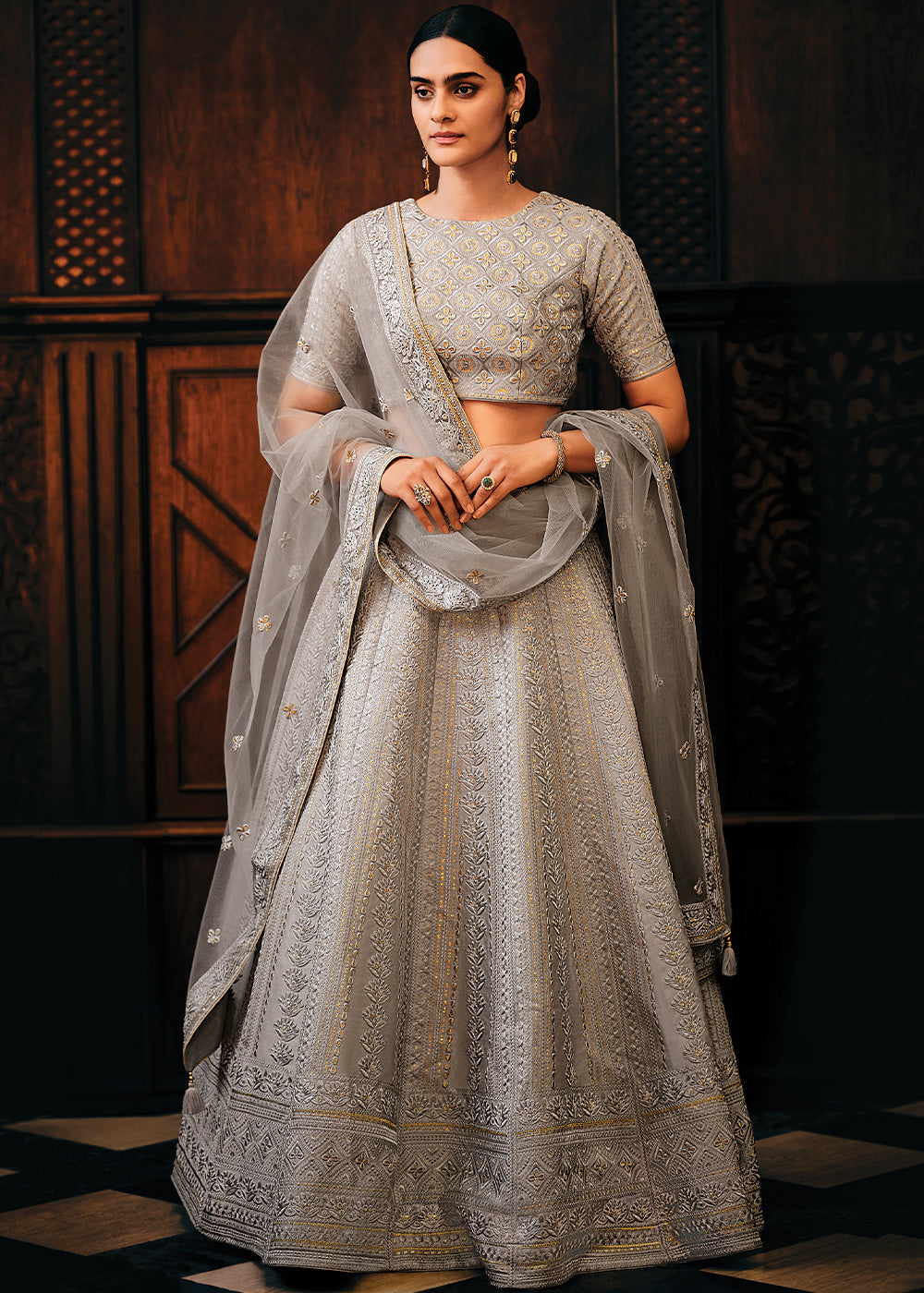 Lava Grey Raw Silk Lehenga Choli with Embroidery Work