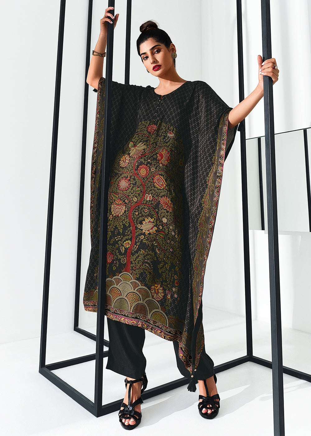 Ebony Black Digitally Printed Gaji Silk Kaftan Set