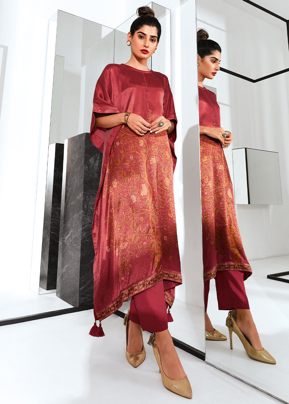 Raspberry Pink Digitally Printed Gaji Silk Kaftan Set
