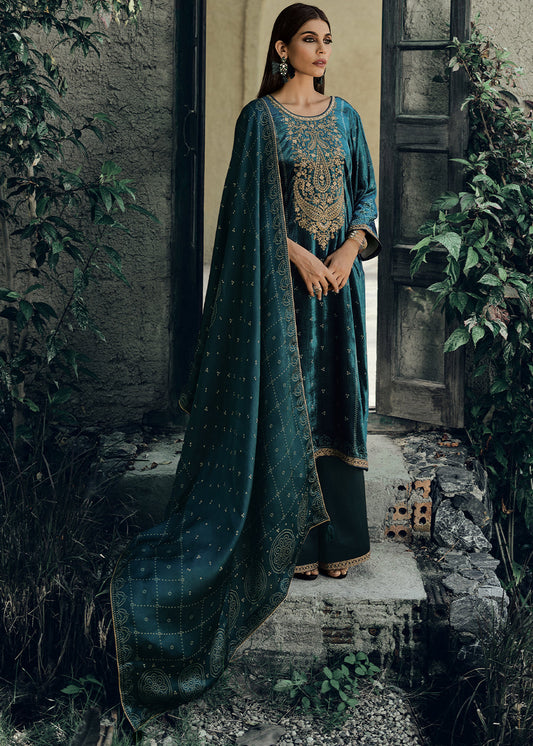 Prussian Blue Bandhani Printed Velvet Salwar Suit With Embroidery Work