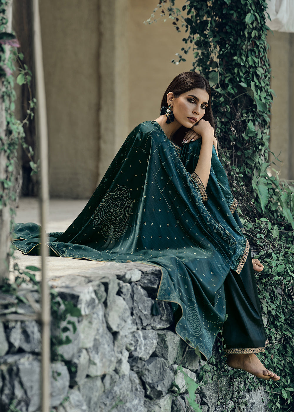 Prussian Blue Bandhani Printed Velvet Salwar Suit With Embroidery Work