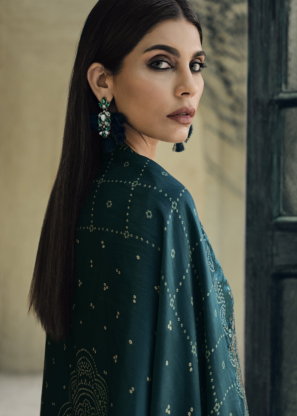 Prussian Blue Bandhani Printed Velvet Salwar Suit With Embroidery Work