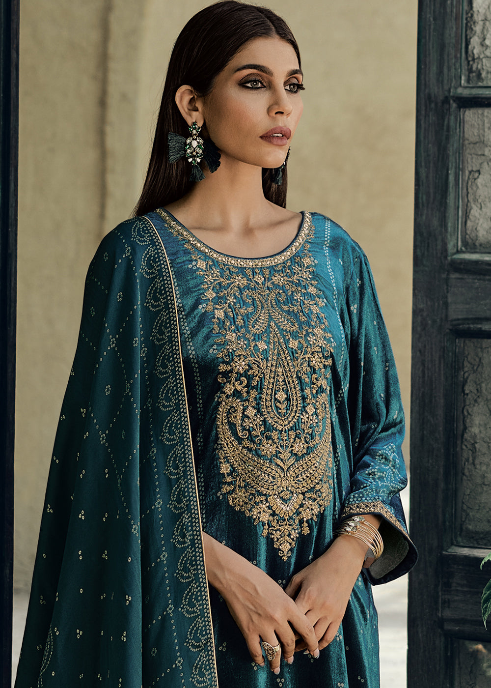 Prussian Blue Bandhani Printed Velvet Salwar Suit With Embroidery Work