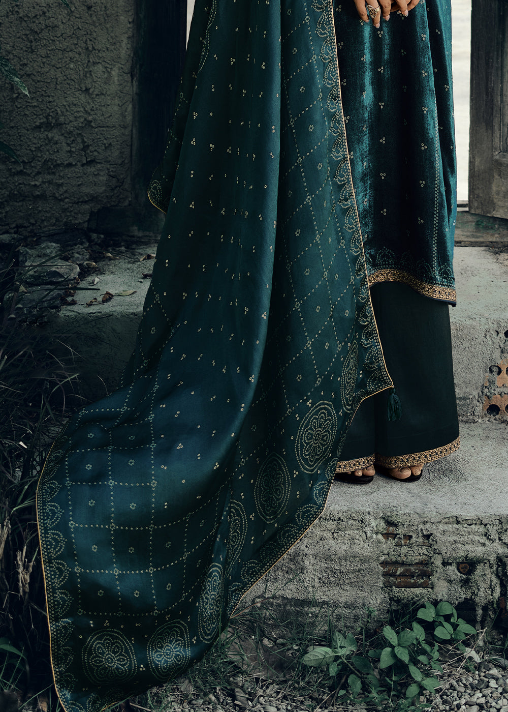 Prussian Blue Bandhani Printed Velvet Salwar Suit With Embroidery Work