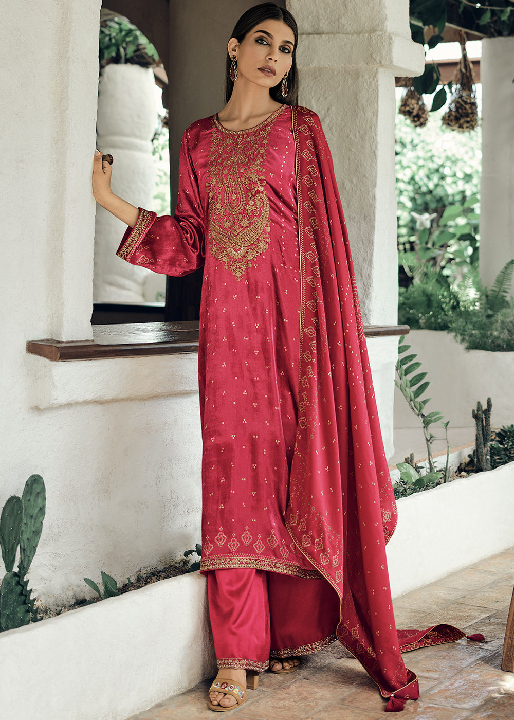 Neon Fuschia Pink Bandhani Printed Velvet Salwar Suit With Embroidery Work