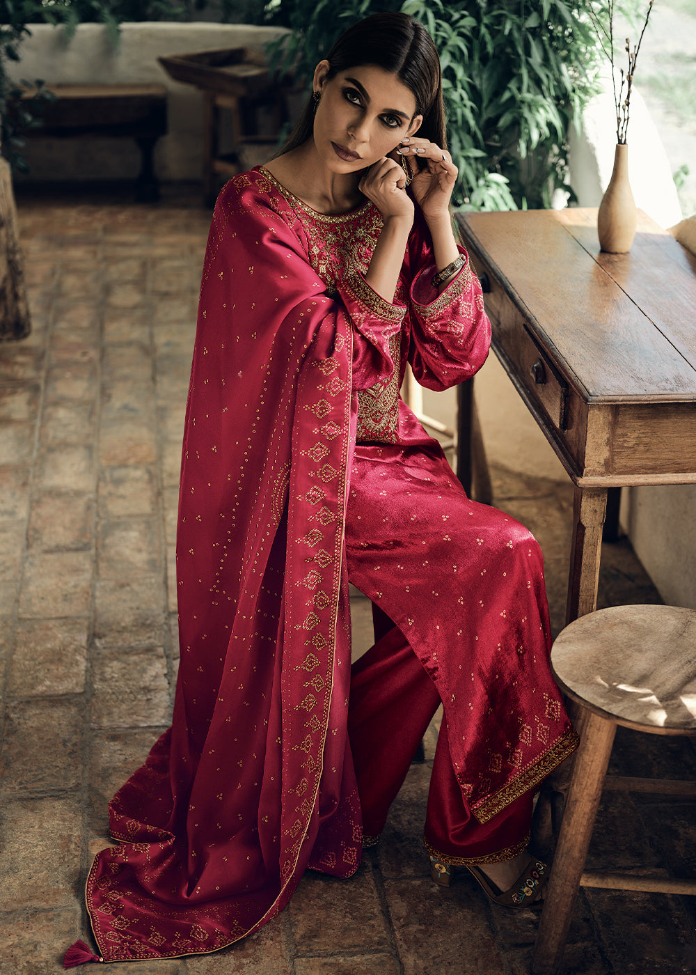 Neon Fuschia Pink Bandhani Printed Velvet Salwar Suit With Embroidery Work