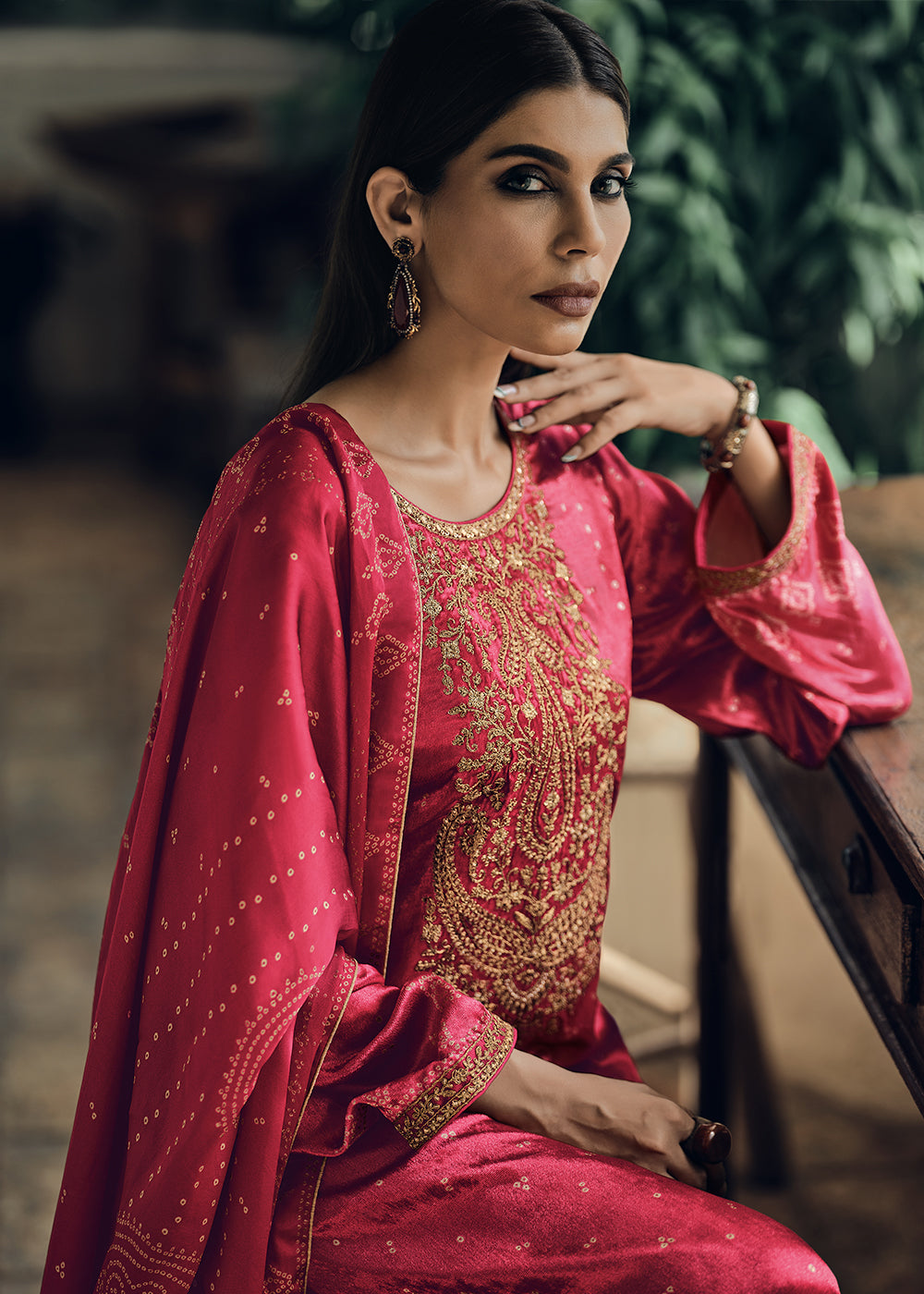 Neon Fuschia Pink Bandhani Printed Velvet Salwar Suit With Embroidery Work