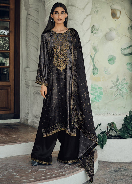 Grease Black Bandhani Printed Velvet Salwar Suit With Embroidery Work