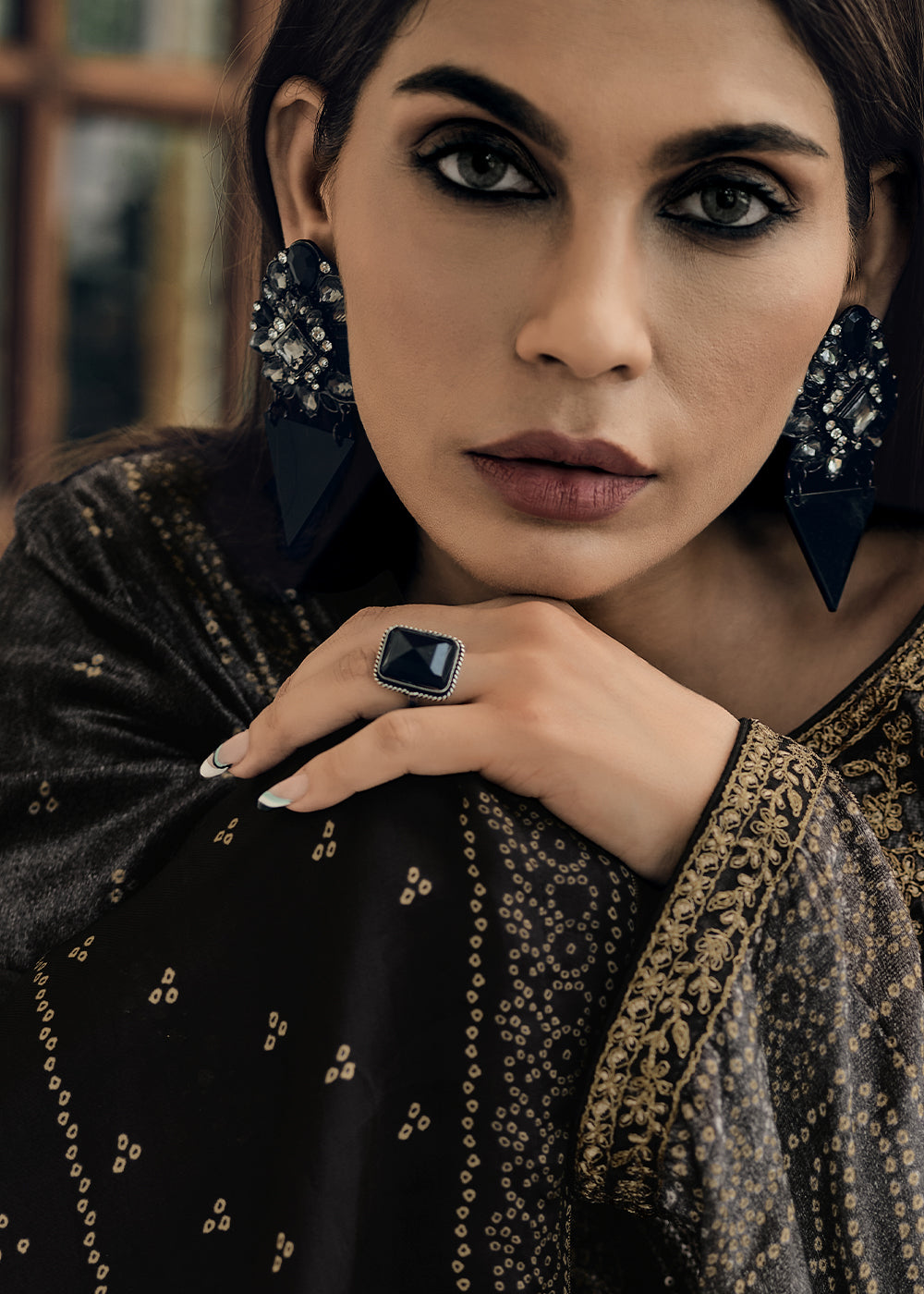 Grease Black Bandhani Printed Velvet Salwar Suit With Embroidery Work