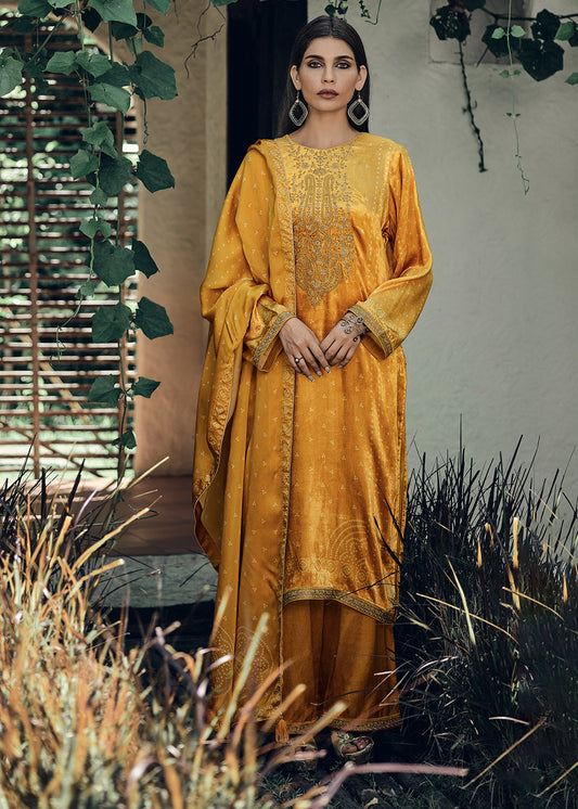 Mustard Yellow Bandhani Printed Velvet Salwar Suit With Embroidery Work