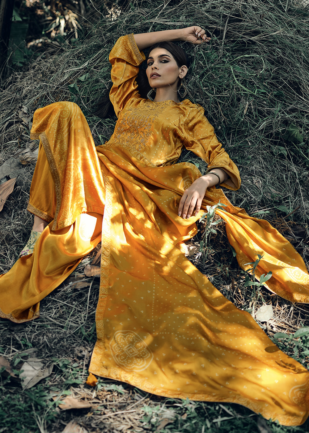Mustard Yellow Bandhani Printed Velvet Salwar Suit With Embroidery Work