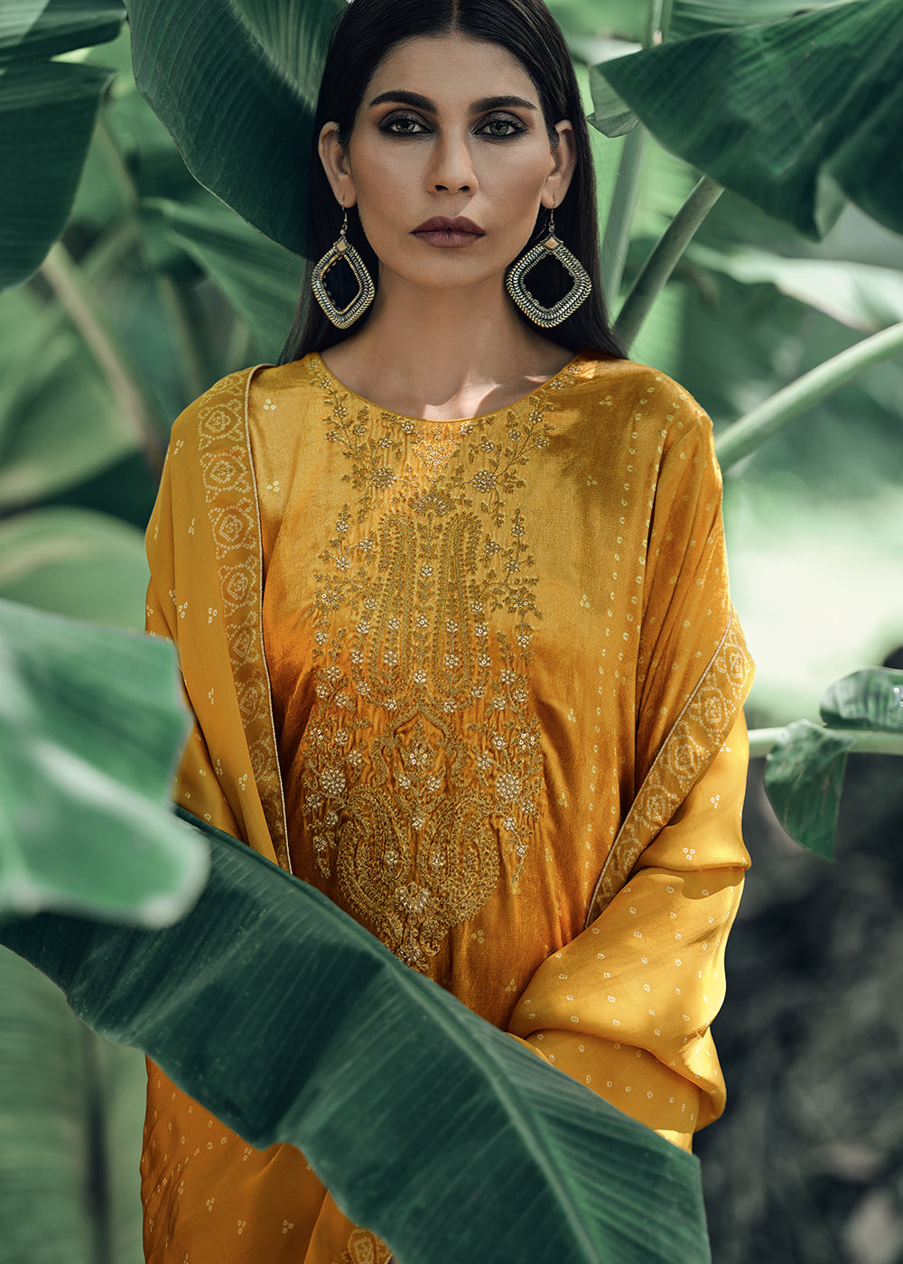 Mustard Yellow Bandhani Printed Velvet Salwar Suit With Embroidery Work