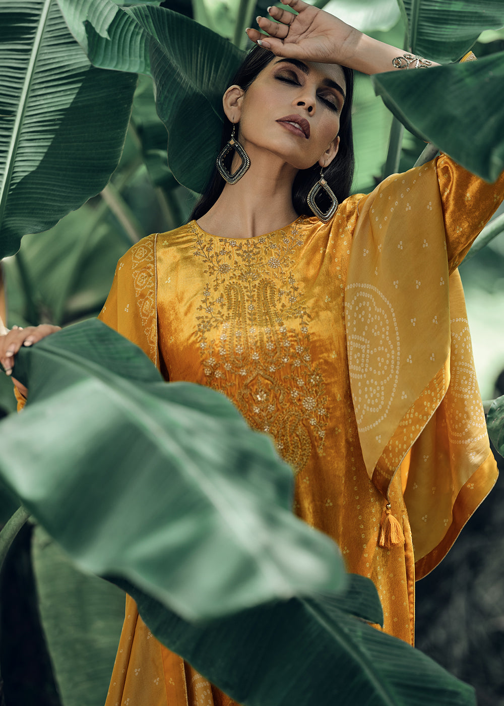 Mustard Yellow Bandhani Printed Velvet Salwar Suit With Embroidery Work