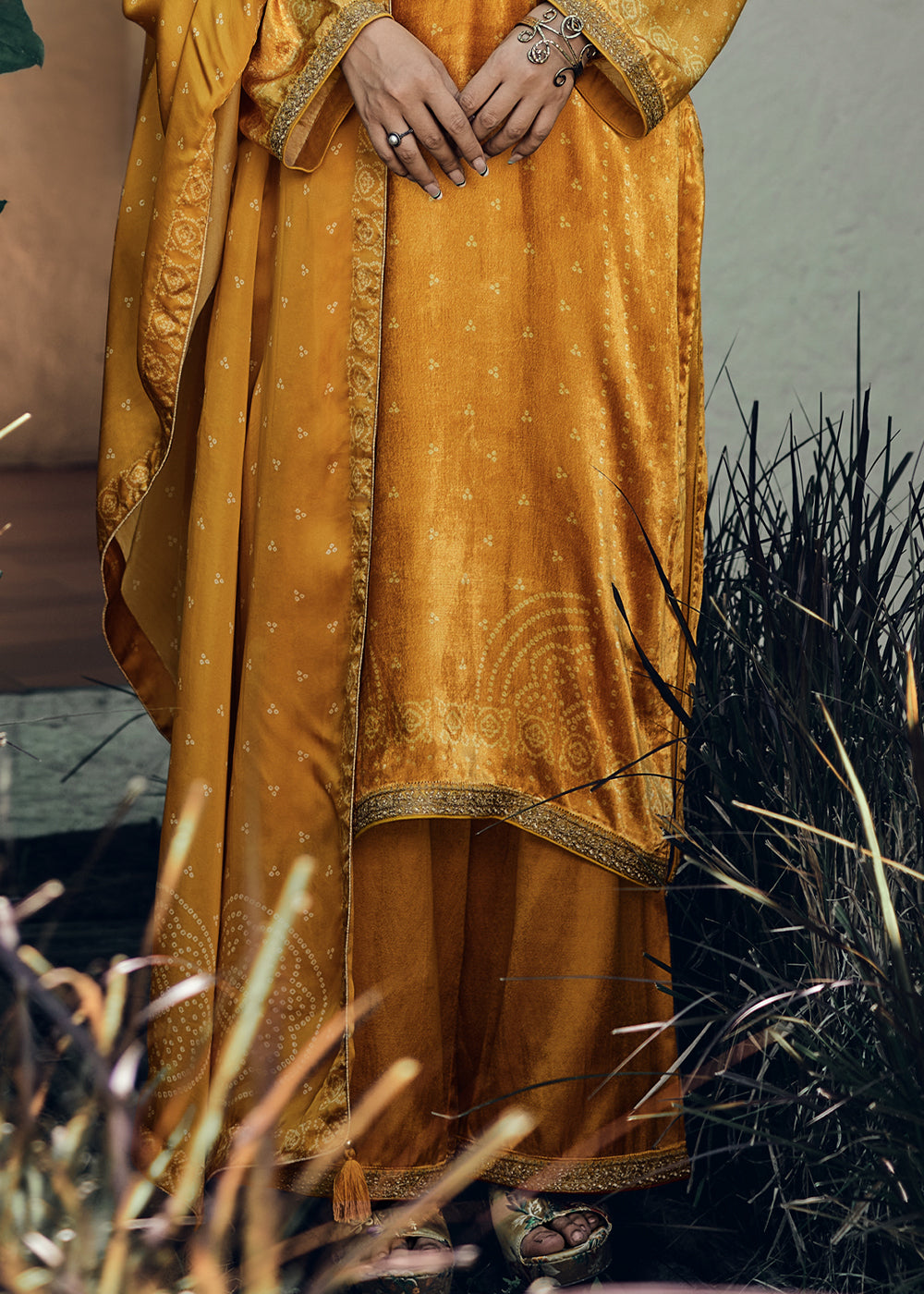 Mustard Yellow Bandhani Printed Velvet Salwar Suit With Embroidery Work