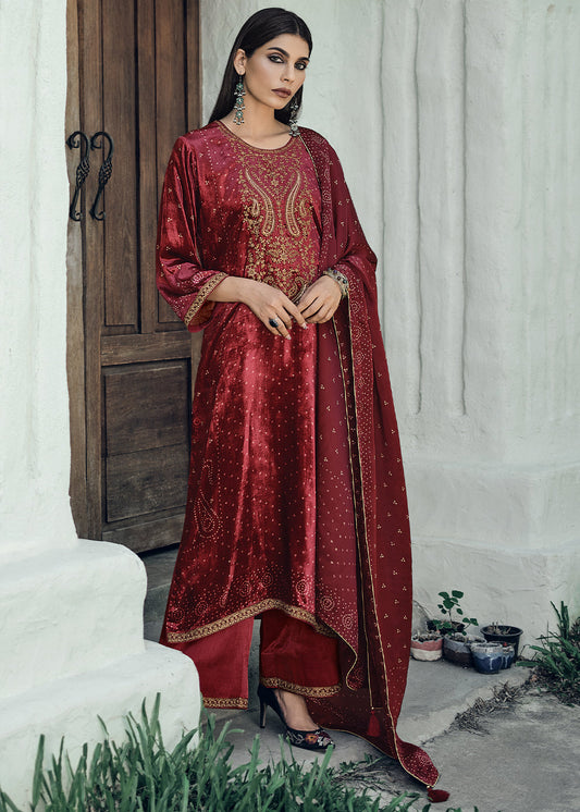Dark Red Bandhani Printed Velvet Salwar Suit With Embroidery Work