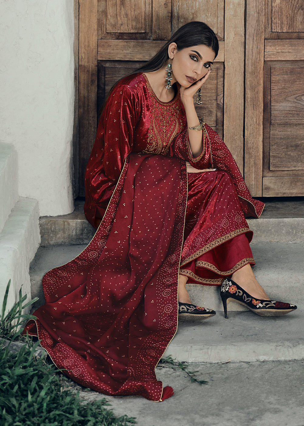 Dark Red Bandhani Printed Velvet Salwar Suit With Embroidery Work