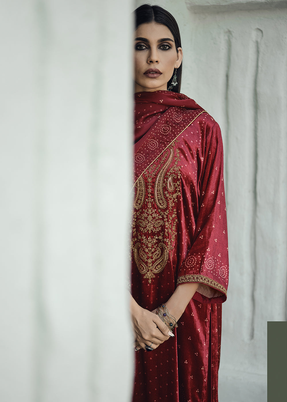 Dark Red Bandhani Printed Velvet Salwar Suit With Embroidery Work