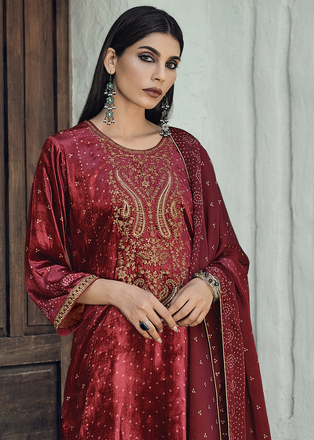 Dark Red Bandhani Printed Velvet Salwar Suit With Embroidery Work