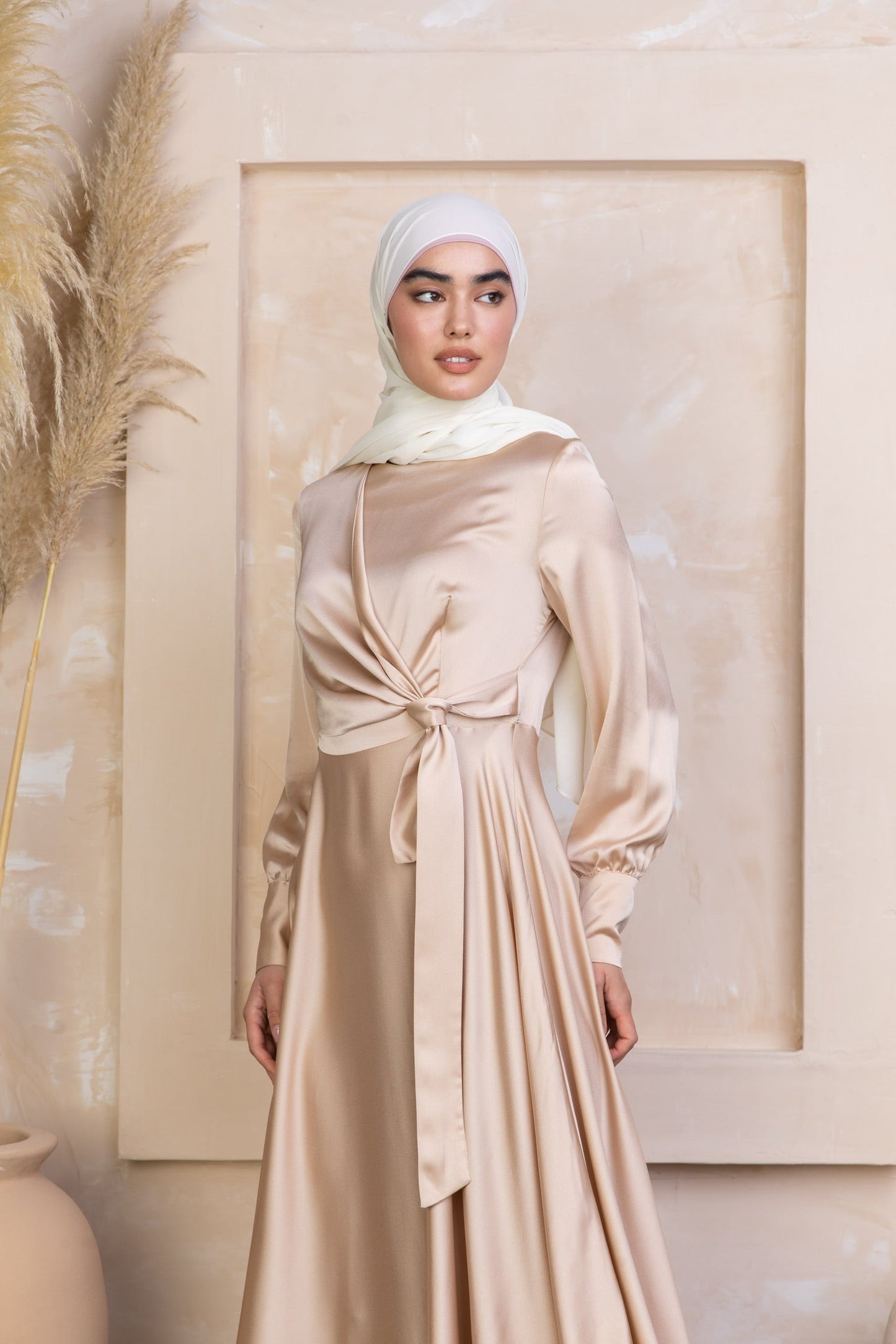 Tan Diana Side Knot Satin Gown