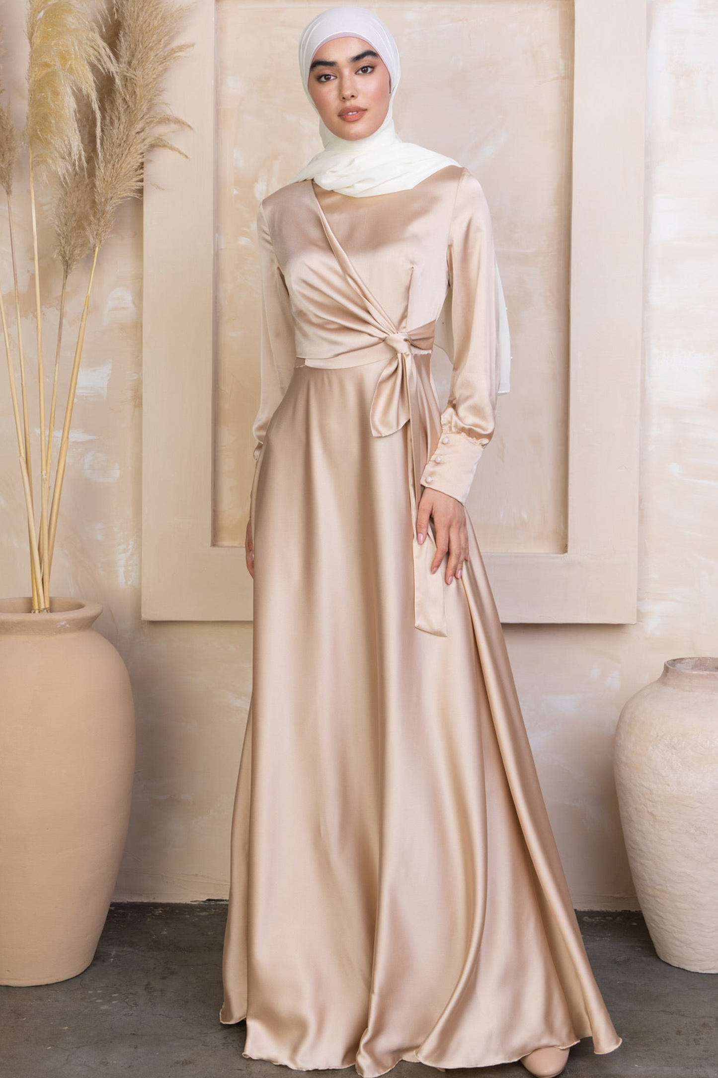 Tan Diana Side Knot Satin Gown