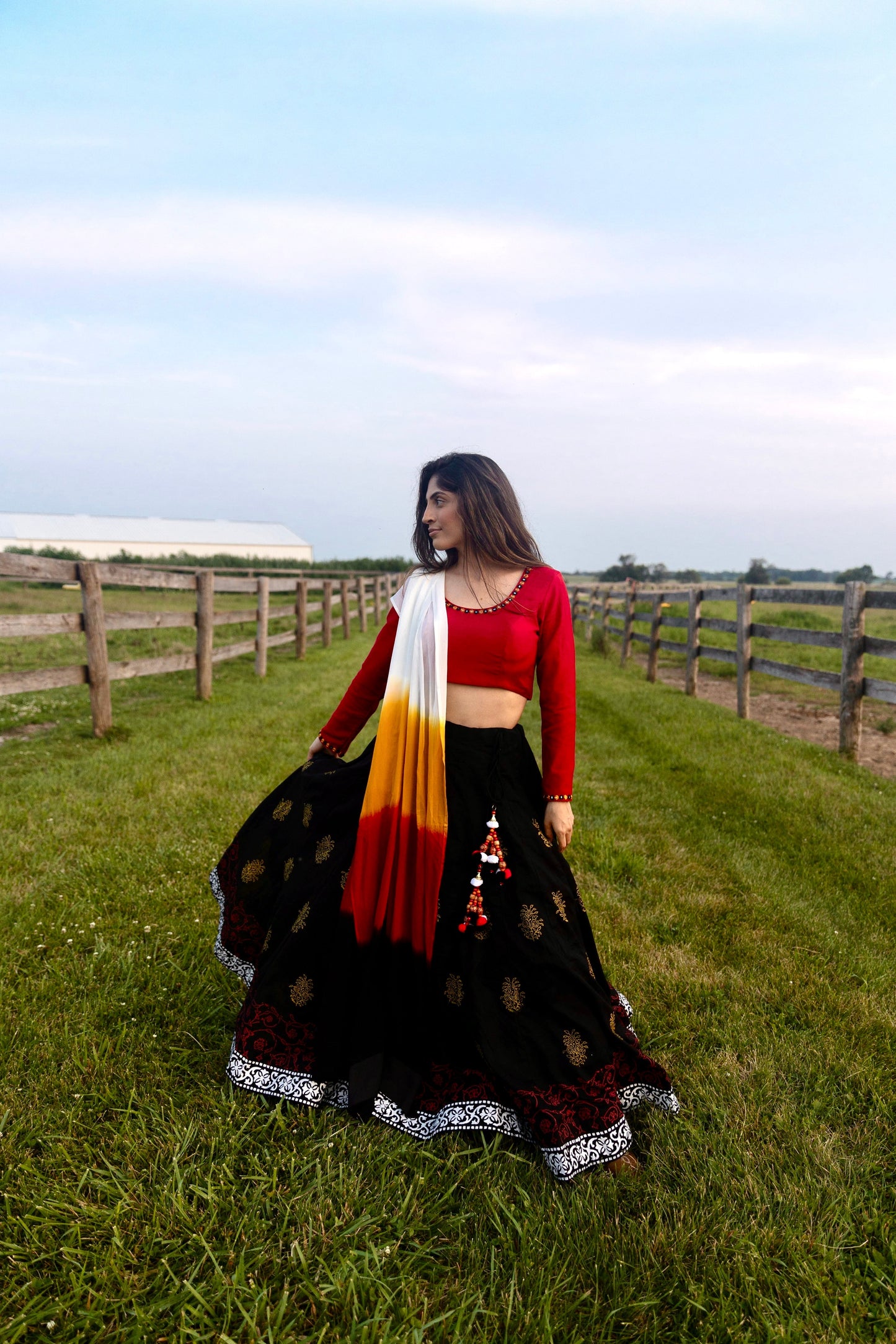 Tania Red Lehenga Choli Set with Long Sleeve Blouse