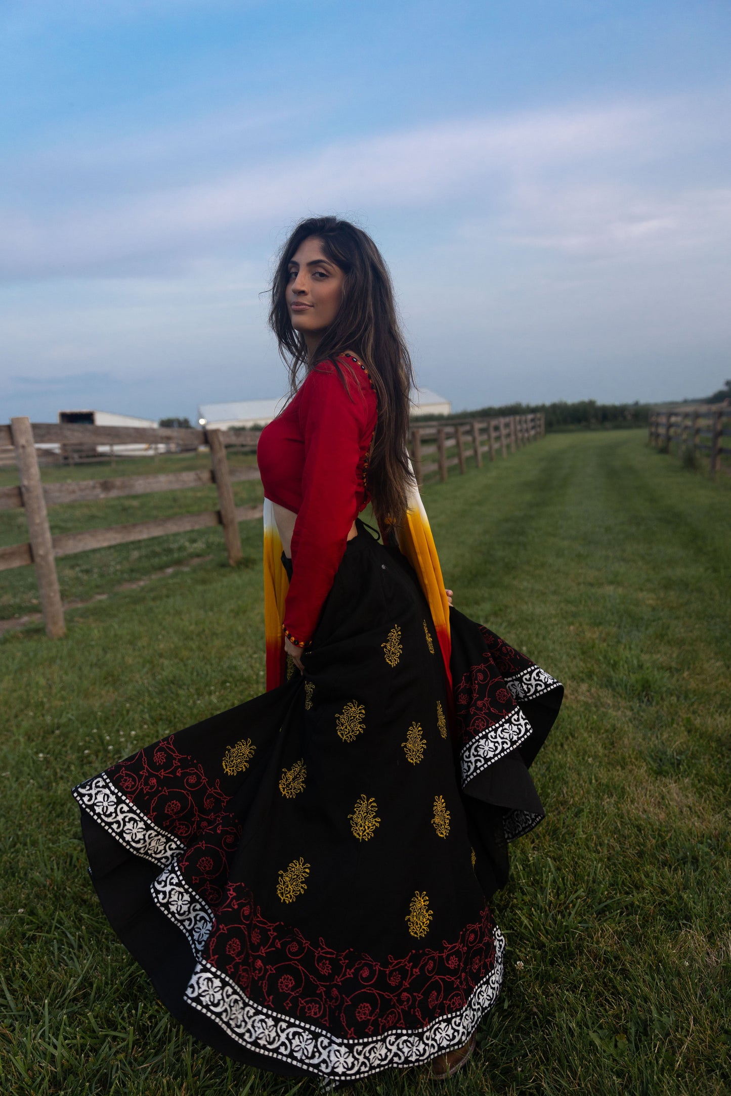 Tania Red Lehenga Choli Set with Long Sleeve Blouse