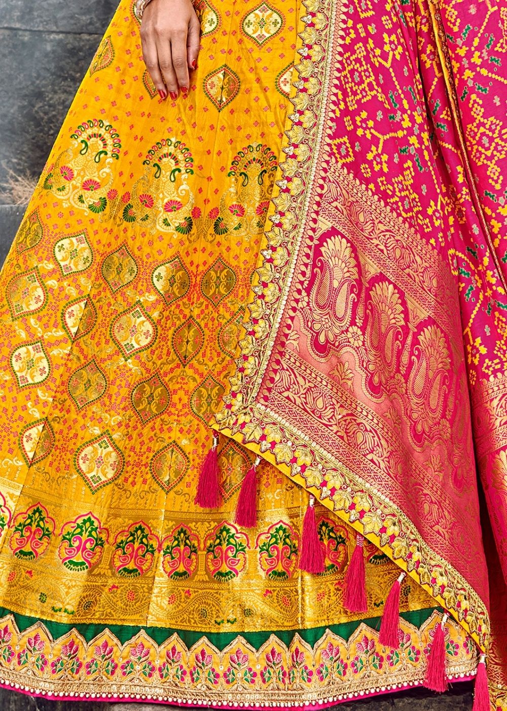 Yellow Banarasi Silk Lehenga With Pink Dupatta