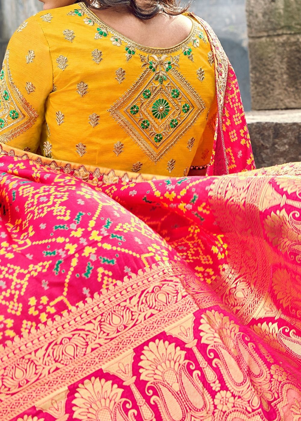 Yellow Banarasi Silk Lehenga With Pink Dupatta