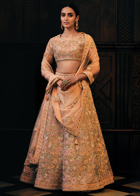 Shades Of Pink & Orange Heavy Embroidered Net Lehenga Choli