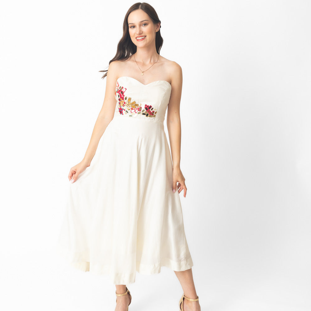 Mona Midi Off Shoulder Dress with Hand Embroidery