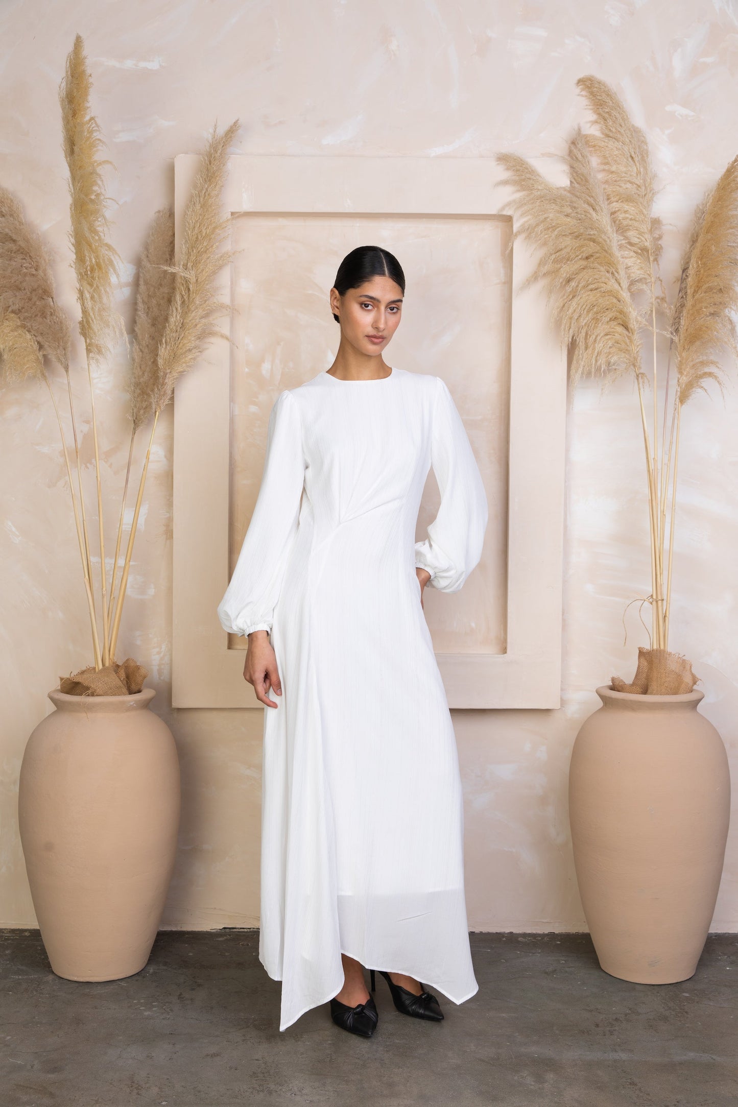 White Metallic Pinstripe Long Sleeve Maxi Dress