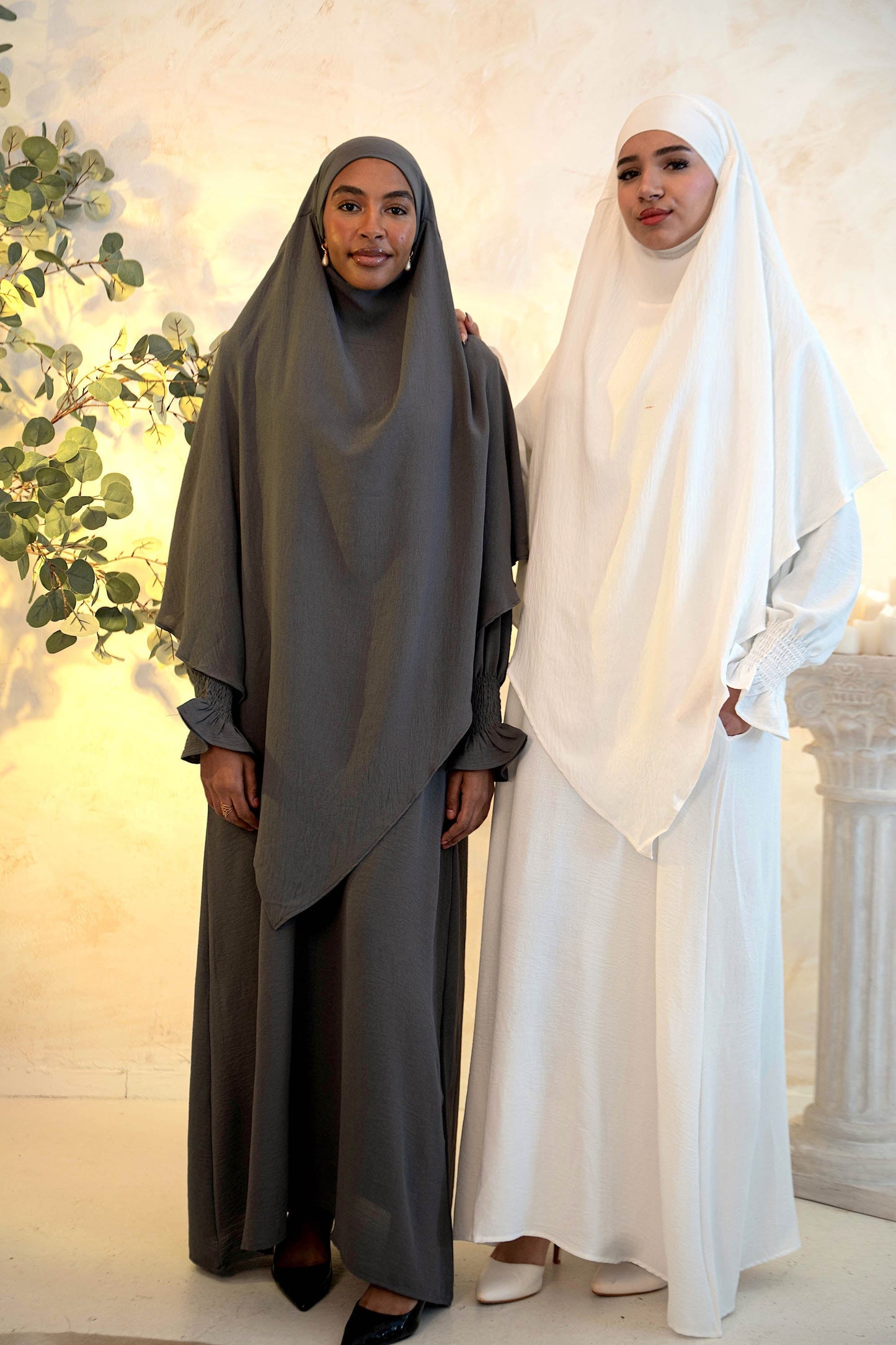 White Ruched Cuff Bell Sleeves Abaya Maxi Dress