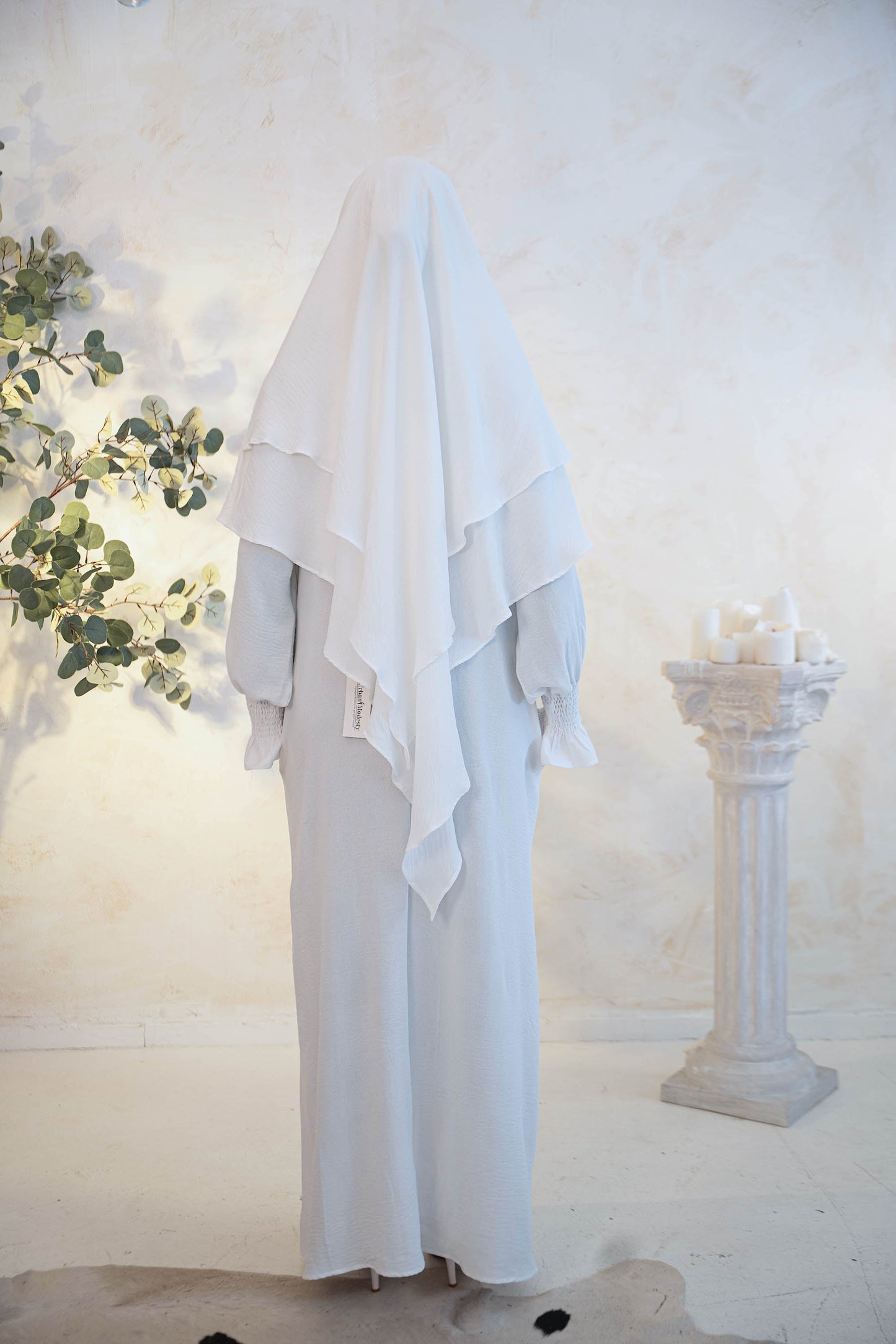 White Ruched Cuff Bell Sleeves Abaya Maxi Dress