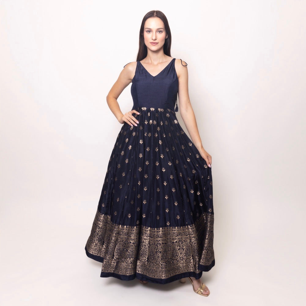 Alastair Blue and Gold Gown with Banarasi Border