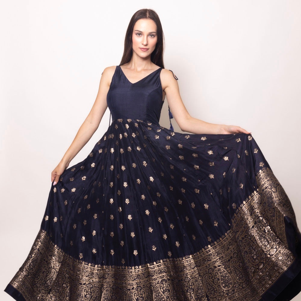 Alastair Blue and Gold Gown with Banarasi Border