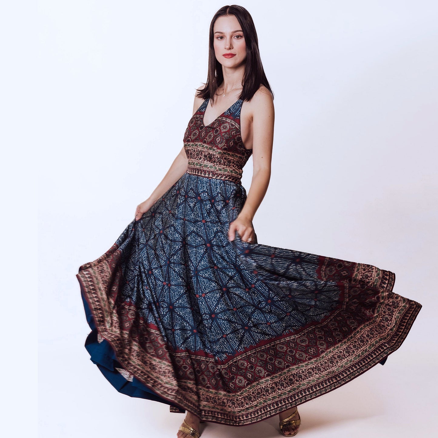 Elara Gown with Ajrakh & Bandhani Prints