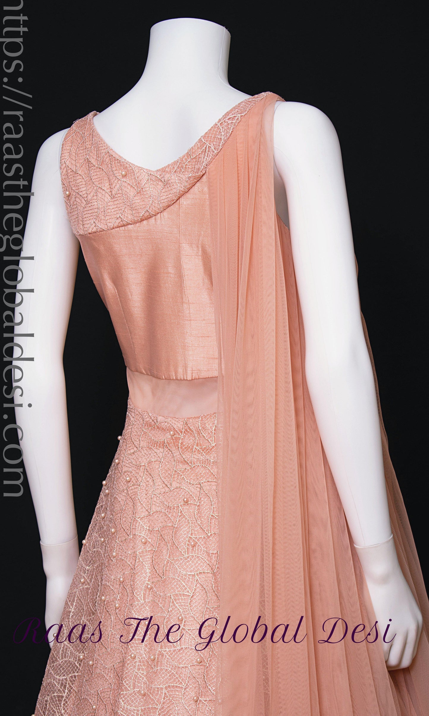 Elowen Peach Net Gown with Butta Work