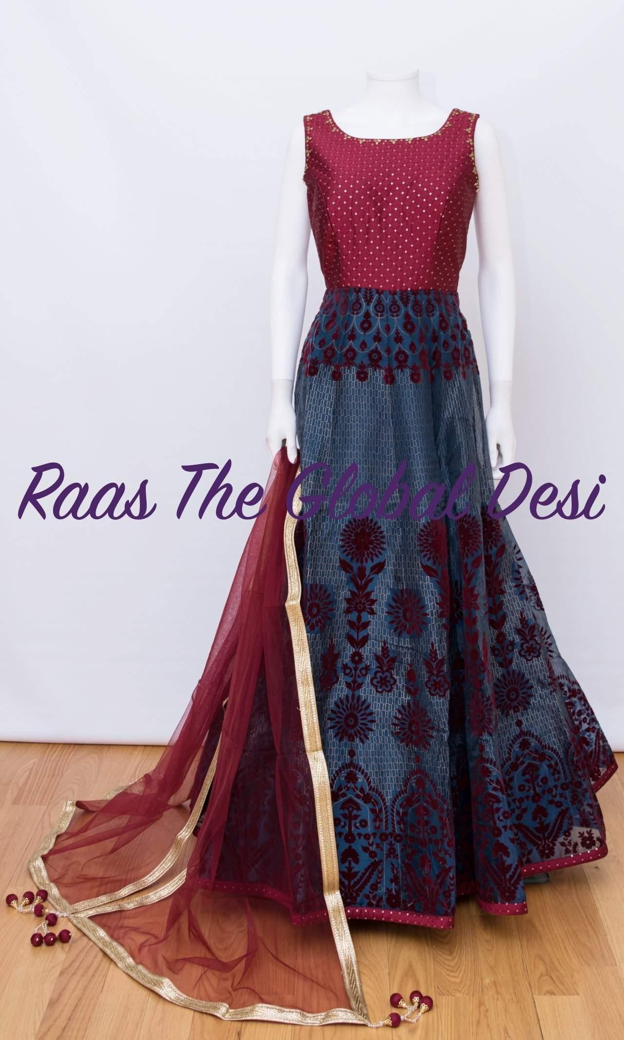Cassiane Red & Blue Gown with Sequins Embroidery