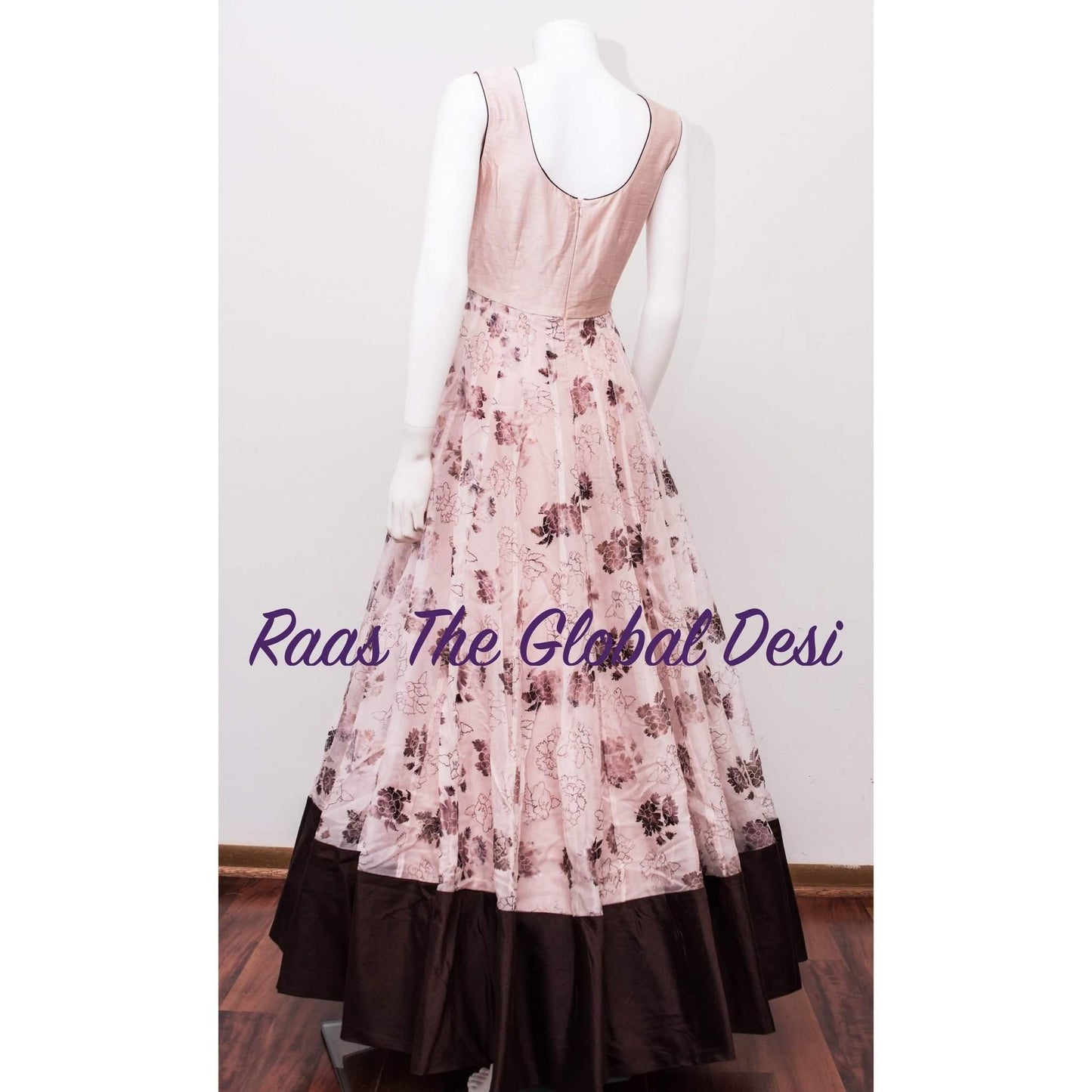 Pink Floral Embroidered Gown with Drape