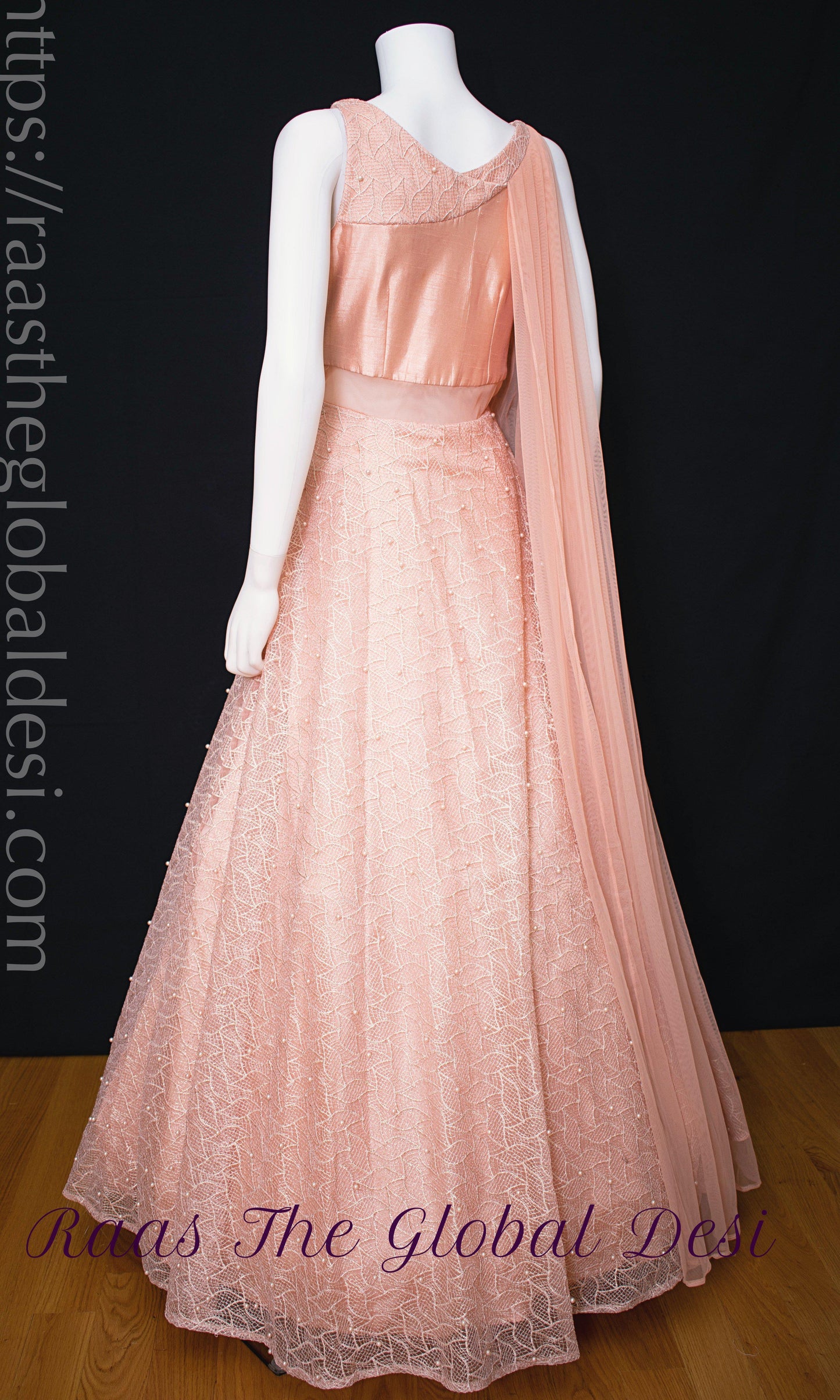 Elowen Peach Net Gown with Butta Work