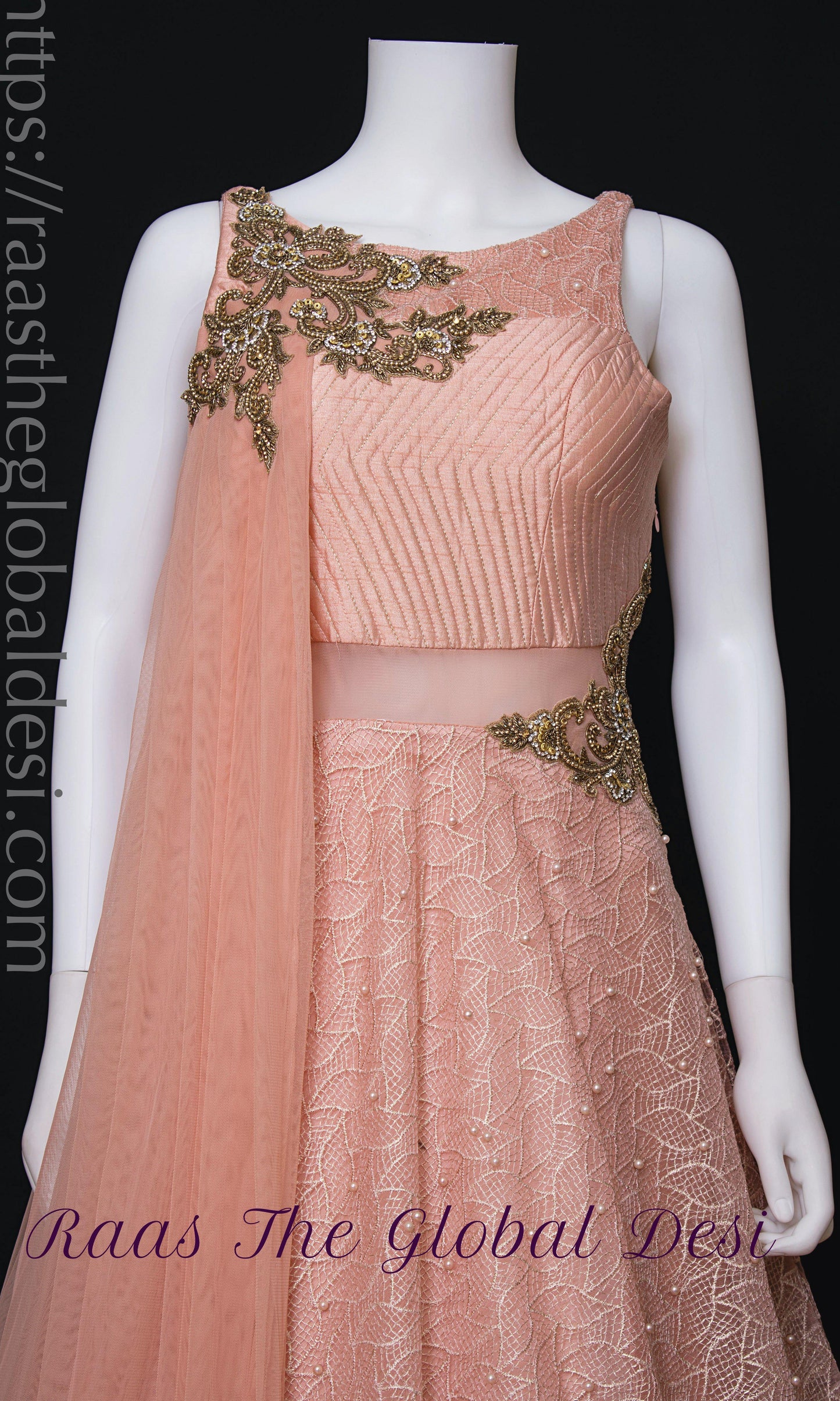 Elowen Peach Net Gown with Butta Work