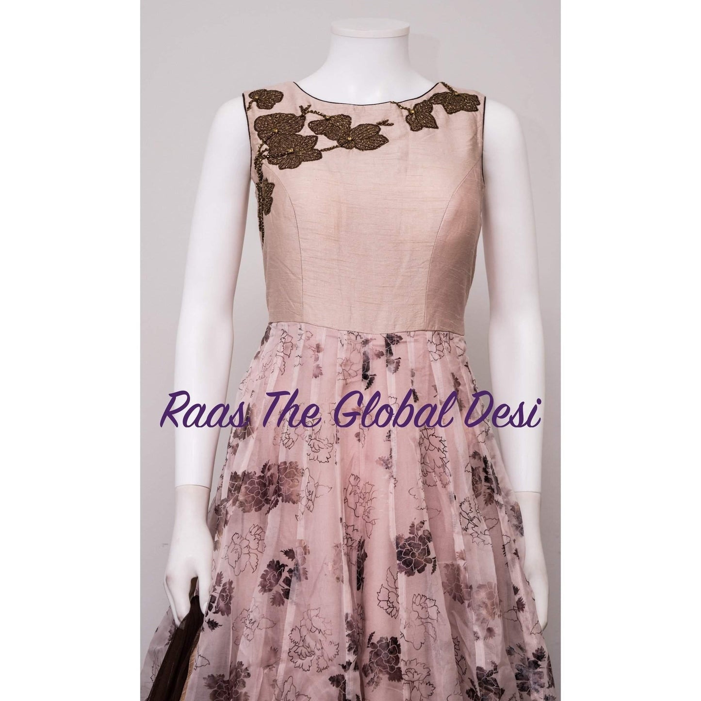 Pink Floral Embroidered Gown with Drape