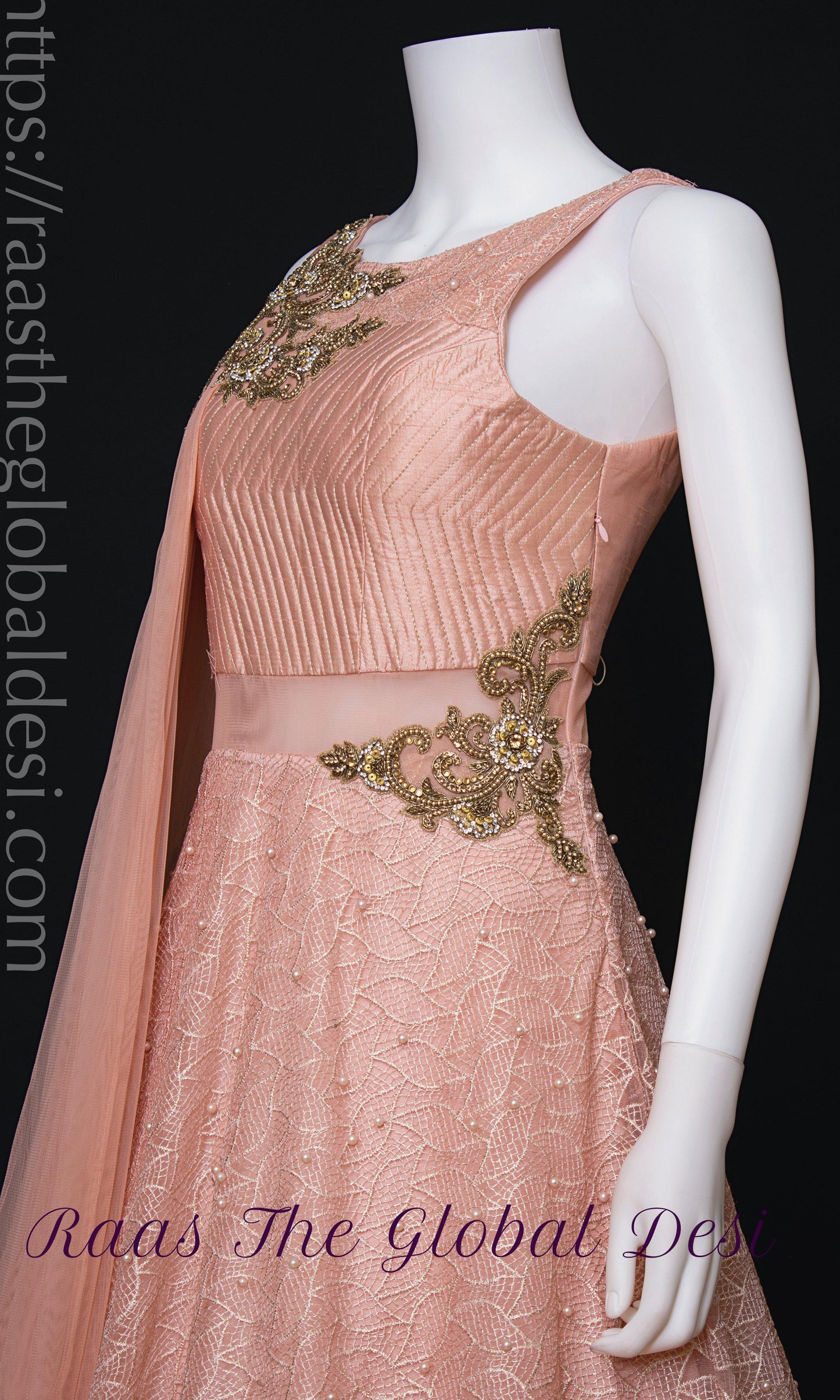 Elowen Peach Net Gown with Butta Work