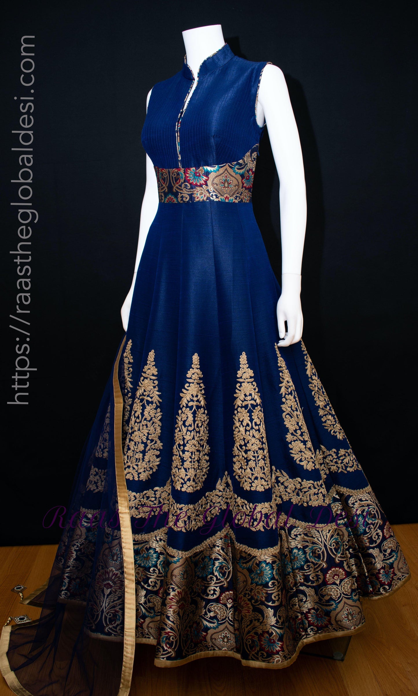 Viviette Blue Gown with Golden Embroidery
