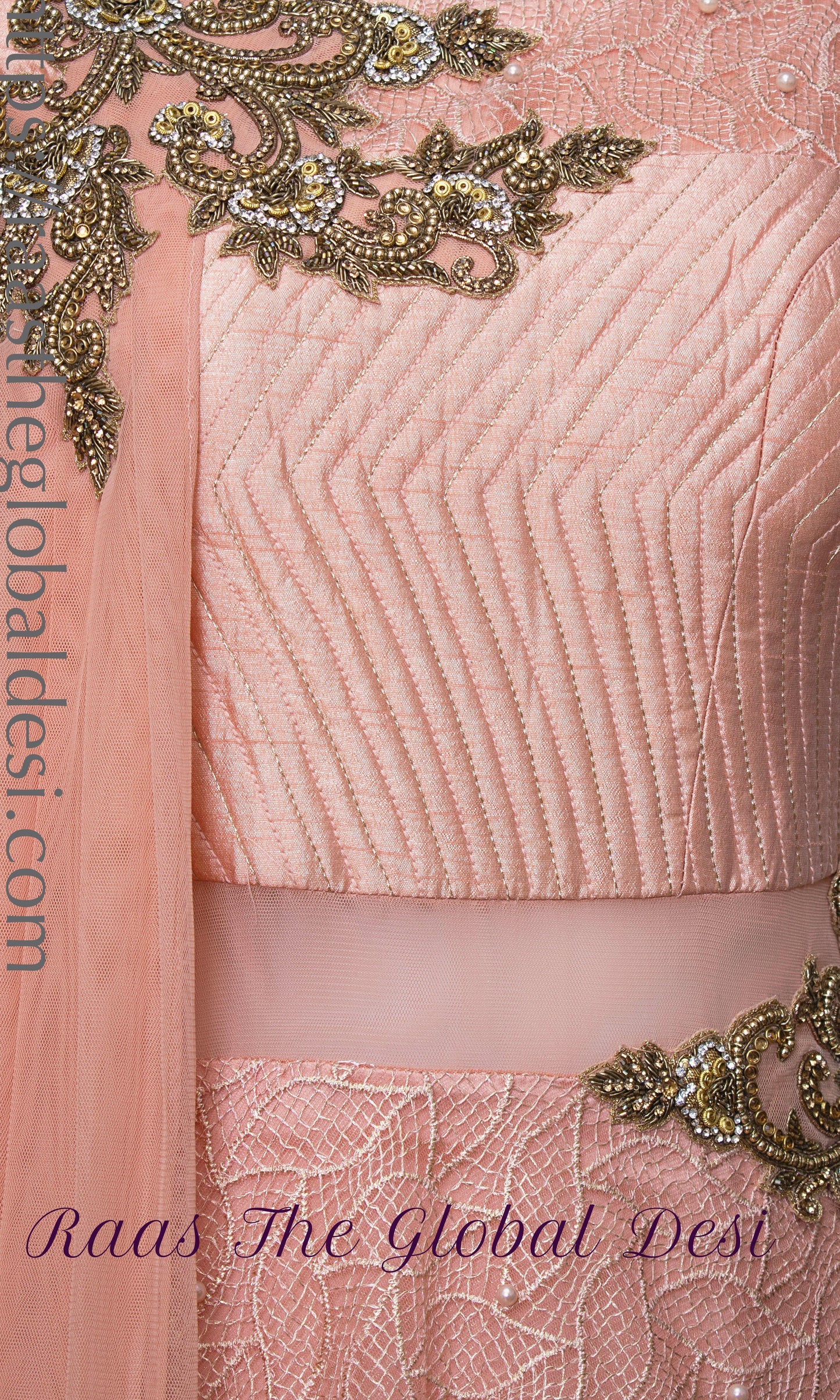 Elowen Peach Net Gown with Butta Work
