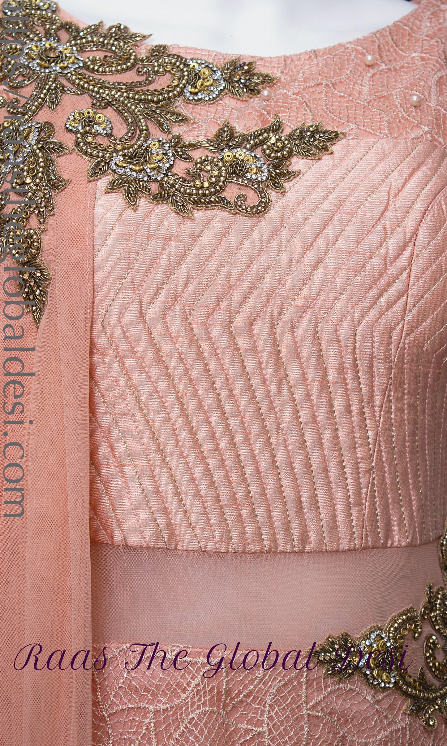 Elowen Peach Net Gown with Butta Work