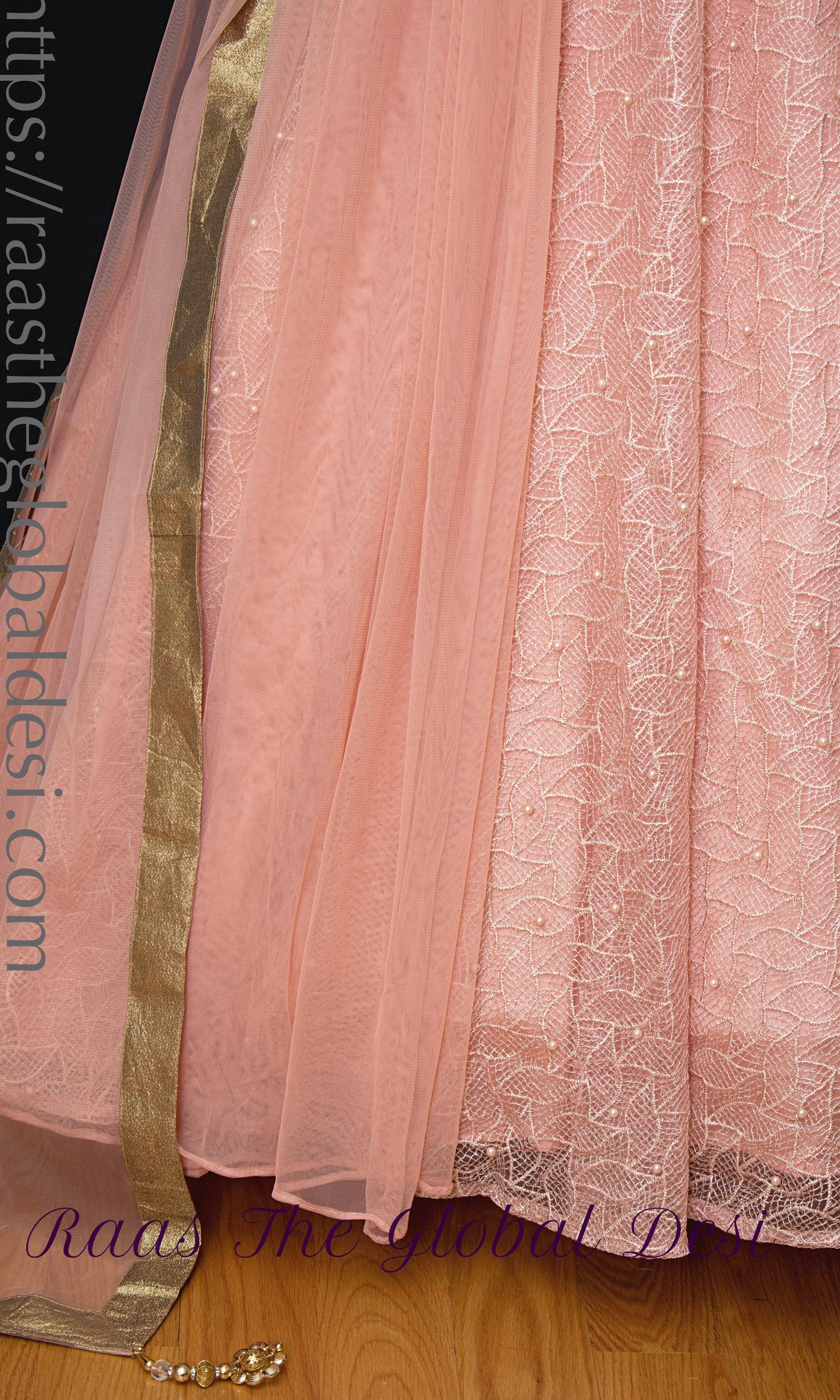 Elowen Peach Net Gown with Butta Work