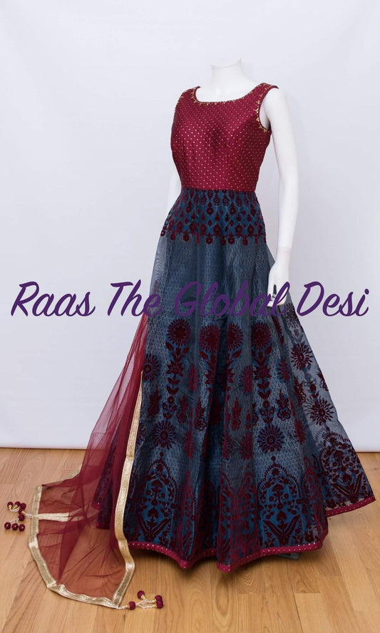 Cassiane Red & Blue Gown with Sequins Embroidery